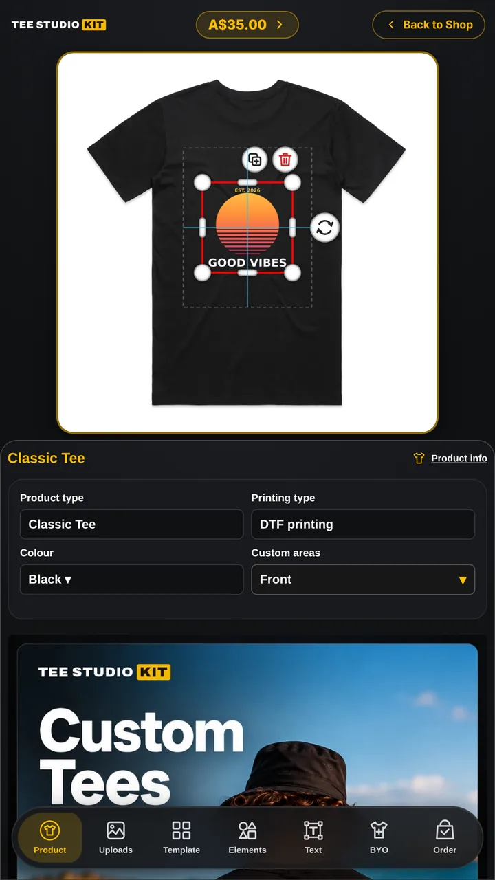 Designer in kiosk mode on a 1080 by 1920 touchscreen: the same layout as on phones, with the mockup on top, product settings below and a tab bar along the bottom