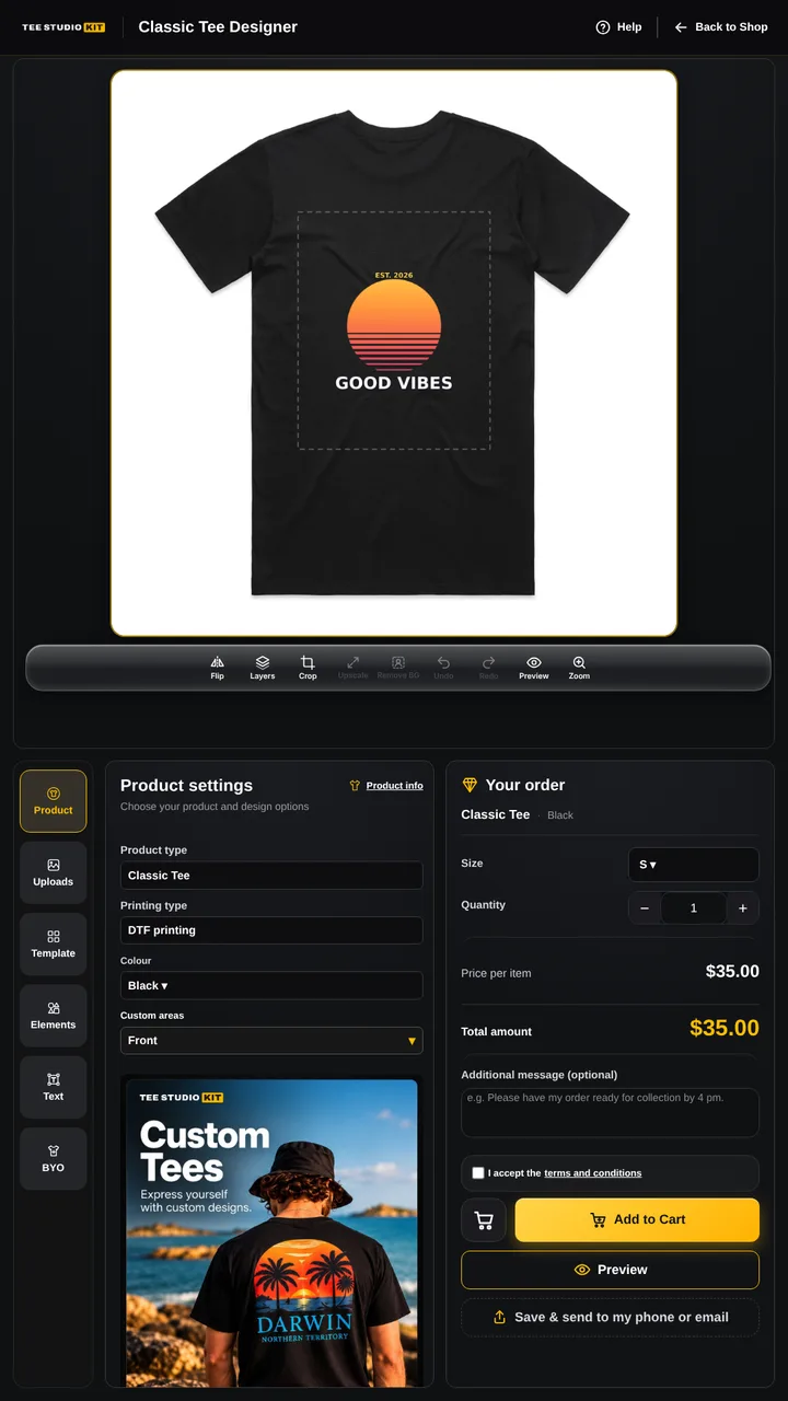 Designer in portrait kiosk layout on a 1080 by 1920 touchscreen: large mockup on top, tab rail, product settings and order panel below